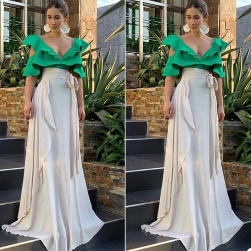 Contrast Color V Neck Evening Dress Wedding Party GownCustom Made Sweep Train Satin Fabric