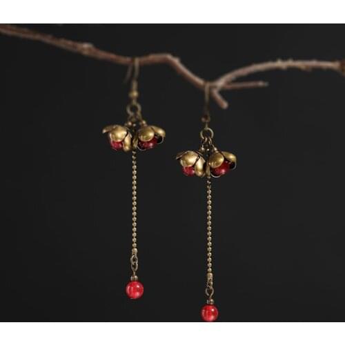 Vintage Classical Original Design Jewelry Flower Bud Earrings Handmade Natural Stone Beads Ear Lines Dangle Earring For Women