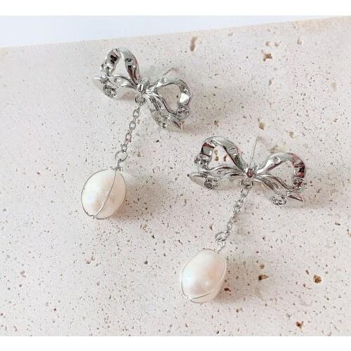 Bowknot Pearl Drop Dangle Earring for Women Ladies Metal Geometric Pendant Earrings Party Jewelry