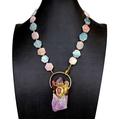 Y·YING Natural Aquamarine Morganite Hexangular Shape Necklace Kunzite Rough Raw Pendant 17.5"