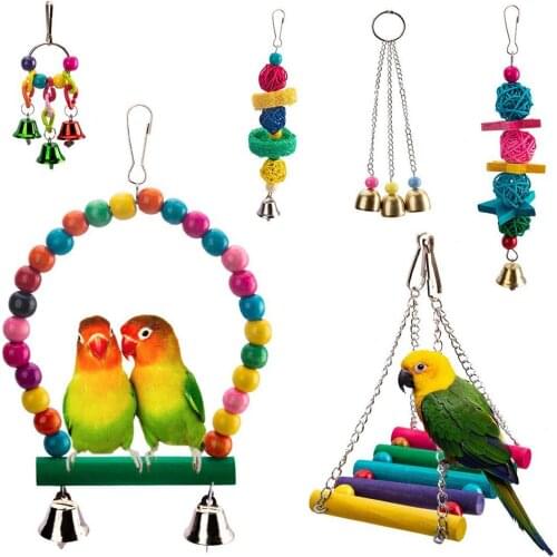 Funny 6Pcs Bird Parrots Hanging Hammock Swing Ladders Ball Bell Chewing Toys Decoration