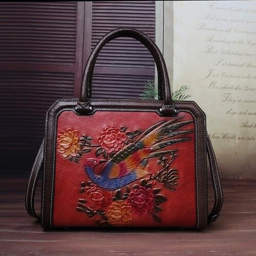 Retro Floral Women Bag 2021 New Flower Genuine Leather Luxury Handbag Handmade Embossing Large Capacity Shoulder Crossbody Bags