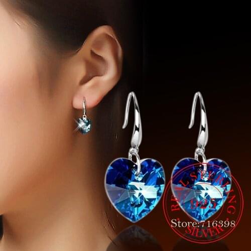 Female Heart Stud Earring 925 Sterling Silver Blue Crystal Earrings For Women Gift Pendientes Mujer eh1323