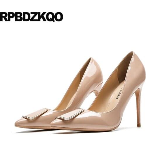 Work Scarpin Women High Heels Pumps Office Nude Shoes Sexy Big Size Stiletto Pointed Toe Super Ultra Patent Leather 8cm Metal