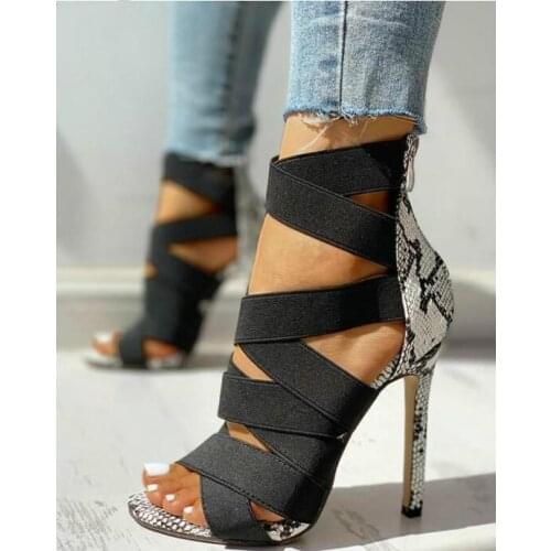 2021 Womens Ladies Pumps Fashion Bandage Patchwork Mixed Colors Snake High Heels Sandals Casual Shoes size35~43