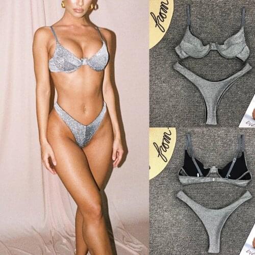 Summer New Women Shining Silver Bikini set 2 Pcs Push-up Unpadded Bra Bikini Beachwear Swimwear Low wasit thong Strappy Bra