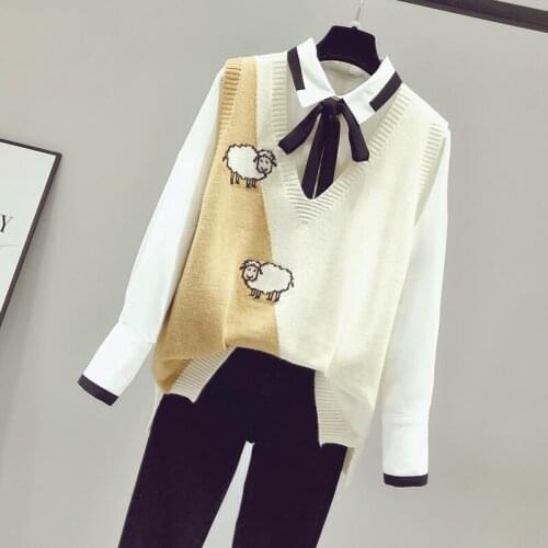 Womens 2021 New Design Cartoon Knitted Vest Women Casual Cotton Sweater V Neck Sleeveless Casual Pullover Tops