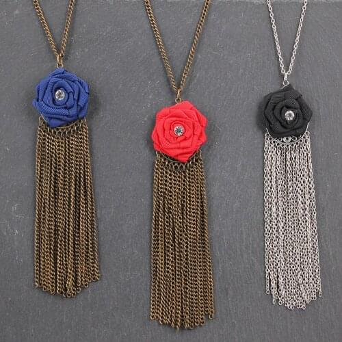 Women Vintage Rhinestone Blue Red Ribbon Handmade Rose Flower Antique Silver color Bronze Long Tassel Necklace Neck Chain Choker