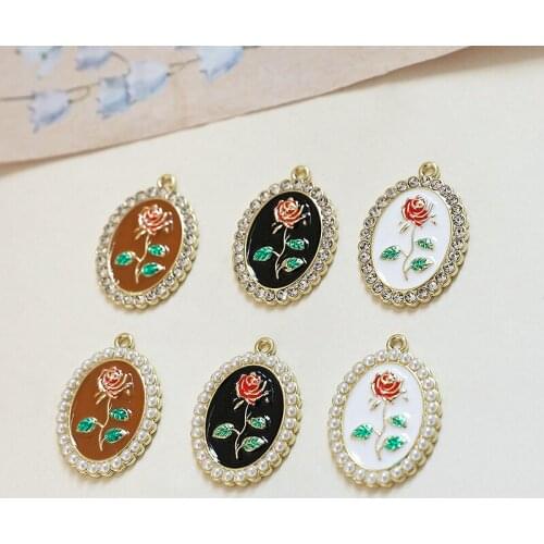 4pcs Retro rose flower Rhinestone pearl Fashion Vintage Earrings For Women alloy oval pendant diy jewelry necklace accessories