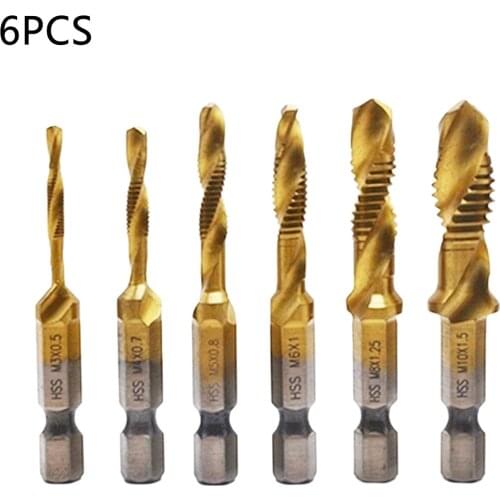 6pcs M3 M4 M5 M6 M8 M10 HSS Drill Bit Tap HSS Drill Bits Metric Thread Spiral Screw1/4" Hex Shank Bits Set Power Tools