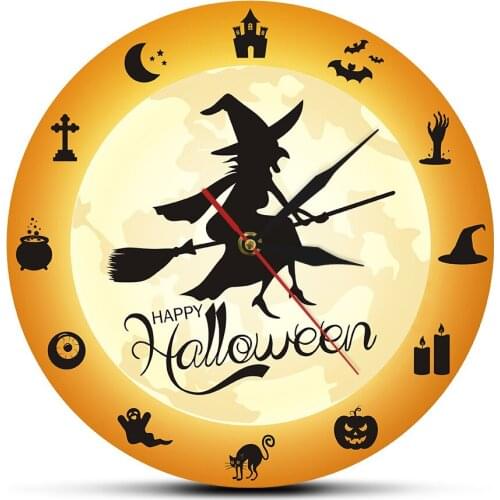 The Moon Decorative Wall Clock Vintage Flying Witch Wall Clock Halloween Witch Flying Crossed with Horror Halloween Silhouette