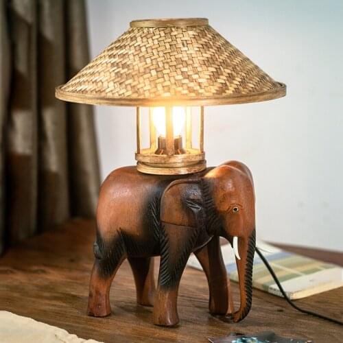 Wooden Table Lamp Bamboo Woven Hotel Lighting Creative Retro Table Light Bedroom Bedside Home Lights Stylish Straw Hat Desk Lamp