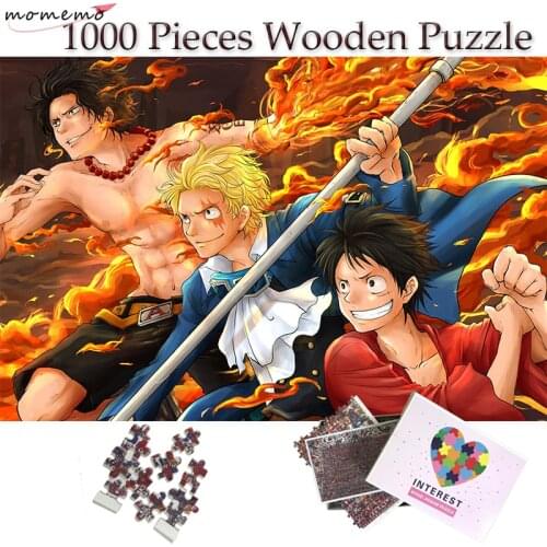 MOMEMO Wooden Puzzle 1000 Pieces Three Brothers Luffy Ace Sabo Jigsaw Puzzles One Piece Anime Pattern Puzzle Toys for Adult Kids
