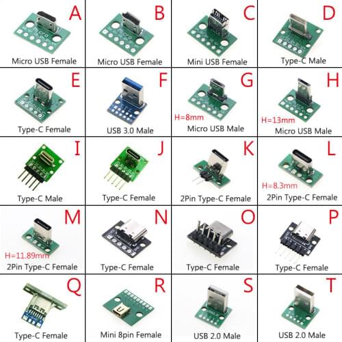 1PCS Data Charging Cable Jack Test Board with Pin Header 90 Degree Micro Mini USB Type C 2Pin USB 3.0 2.0 Female Male connector