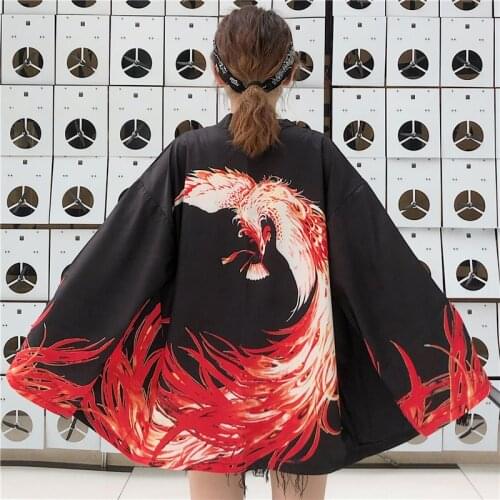 Japanese Style Flaming Phenix Print Cardigan Kimono Harajuku Women Men Sexy Yukata Female Streetwear Traditional Haori