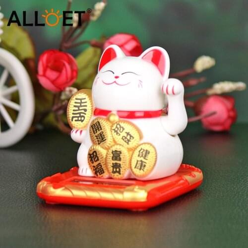 Chinese Lucky Cat Solar Powered Maneki Neko Wealth Waving Shaking Hand Fortune Welcome Cute Cat Sculpture Statue Decor Figurines