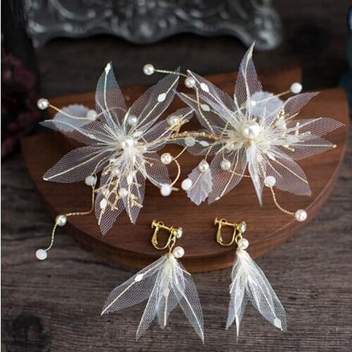 Korean yarn flower beaded bride hair headdress flower jewelry studio modeling wedding accessories ivory hair clips with earrings