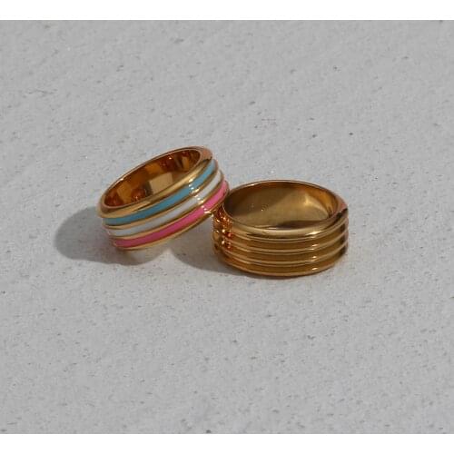 Trendy Colorful Stripes Gold Plated Stainless Steel Waterproof Tarnish Free Rings For Women Girls Party Jewelry Best Gifts