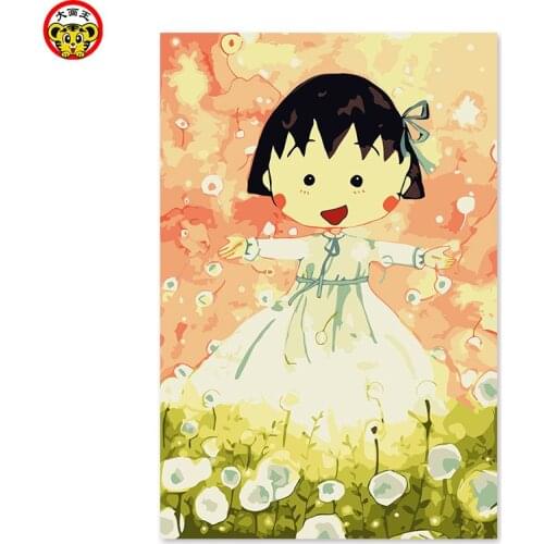 Painting by numbers art paint by number Chibi Maruko-chan Little girl Dandelion Saw bangs Happy dancing DIY digital painting