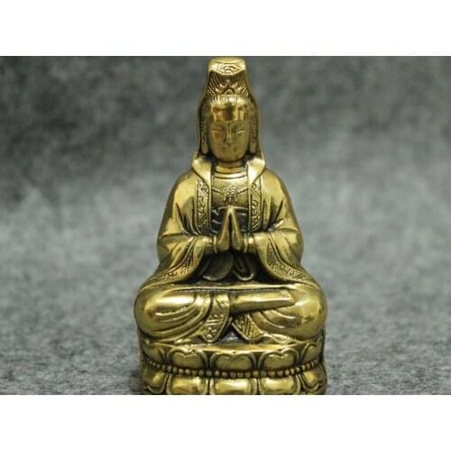 Folk China Chinese Brass Buddhism Pray Kwan-Yin Quan Yin Buddha Statue Figurine height:8cm