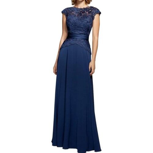 2015 New Style Dress For Mother Of The Bride Navy Blue Chiffon Women Evening Long Dress Lace Bodice