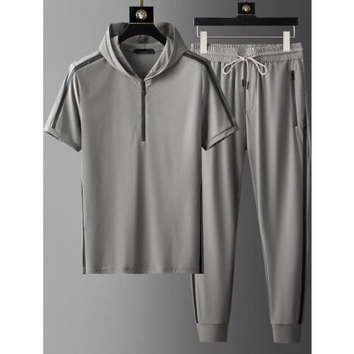 New Hooded Mens Sets (t-shirt+pants) Luxury Short Sleeve Summer Thin Male Sets Fashion Slim Fit Sport Casual Man Sets 5XL