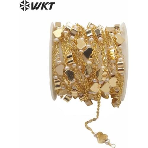 WT-RBC168 Wholesale Gold electroplated heart shape spacer beads chain pure hand make brass charm pearl chain bracelet chain