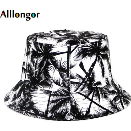 Unisex Reversible Bucket Hat Fashion 2020 Coconut Tree Print Hip Hop Hat Women Men Panama Cap Summer Fisherman Hats White Black