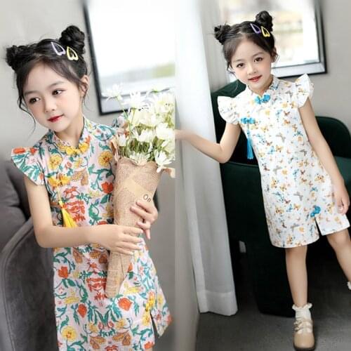 Girls Summer New Improved Retro Ethnic Printing Cheongsam Dress Children Qipao Chinese Style Traditional Kid Clothing Qipao Girl