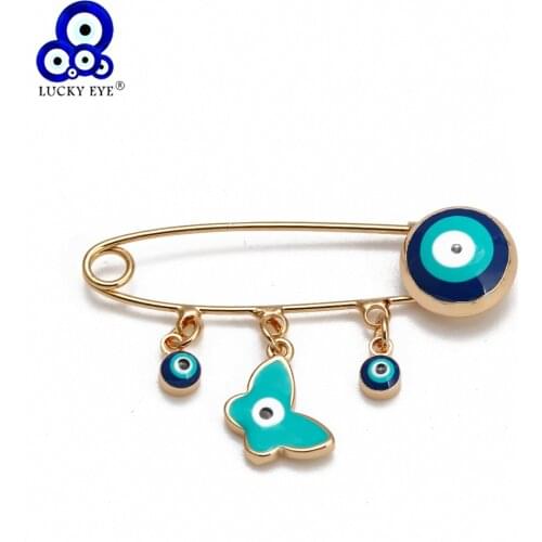 Lucky Eye Butterfly Charm Blue Turkish Evil Eye Tassel Brooch Pin Gold Silver Color Brooch for Women Men Fashion Jewelry BE229