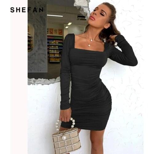 Sexy Women Square Collar Elegant Bodycon Autumn Slim DressSheath Dress Vestidos Pleated Dress Long Sleeve Solid Green Mini Dress