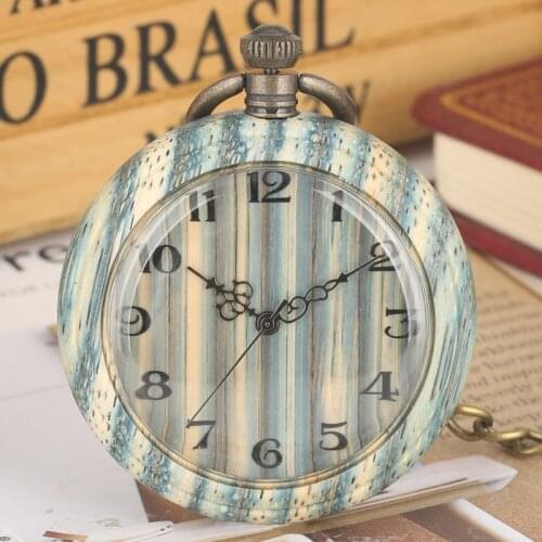 Light Green Mixed Color Bamboo Wood Quartz Pocket Watch Fashion Arabic Numbers Wooden Fob Clock + 30cm Chain Relojes de bolsillo