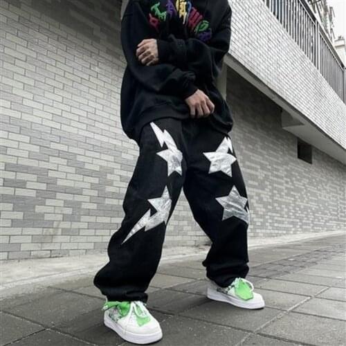 Punk hip hop street trend silver color lightning star jeans men and women retro straight hiphop Harajuku trousers jeans women