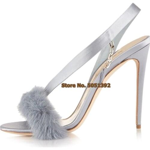 Women High Thin Heel Open Toe Sandals Feather Rabbit Hair Metal Chain Fuzzy Plus Size Sweet Sexy Elegant