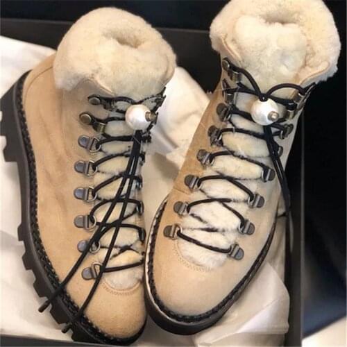 DELFI Shearling Ankle Boots For Women Shoes Hiking Boot Winter Snow Warm Platform Suede Botas Mujer Pearl Ladies Military Boots