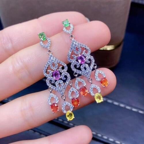 Luxurious big tassels S925 silver natural Multicolor sapphire drop earrings natural gemstone women birthday party gift jewelry