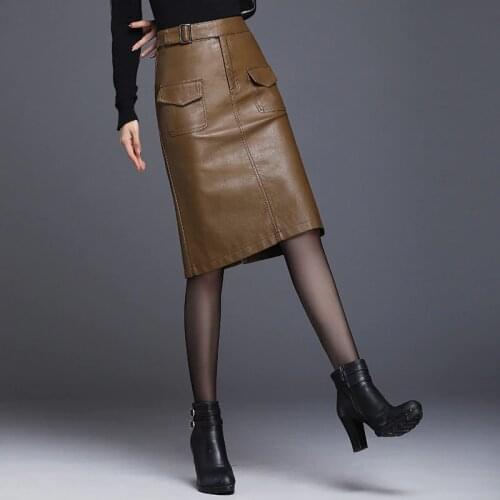 PU Leather Skirts Womens Faldas 2019 Autumn High Waist Wrap Hip Split Leather Skirt Ladies Midi Long Skirt Brown Plus Size W1612