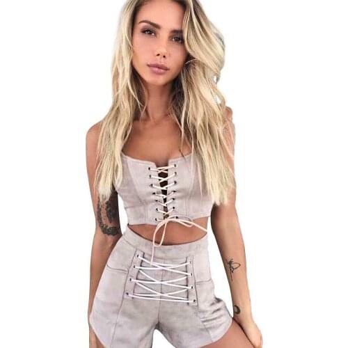 2020 HOT 2 Piece Sets Women Slingleeveless Bandage Neck Hollow Tops High Waist Zipper Shorts Set Female Going Out Clubwear Sets
