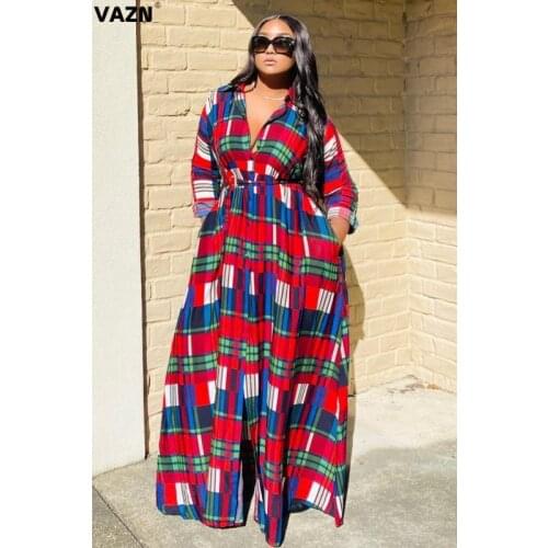 VAZN 2020 Autumn Hot Plaid High-end Plus Size Vacation Sexy Sweet Mature Full Sleeve Women High Waist Ball Gown Maxi Dress