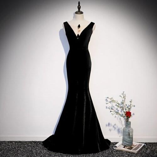 2020 New Prom Dress Mermaid Women Black Sleeveless Party Dresses Deep V-neck Bandage Train Floor Length Trumpet Evening Dresses