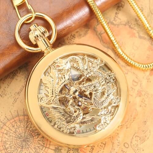 Gold Copper Phoenix Dragon Automatic Mechanical Pocket Watch Arabic Numerals Display Dial Exquisite Self-Wind Pendant Timepiece