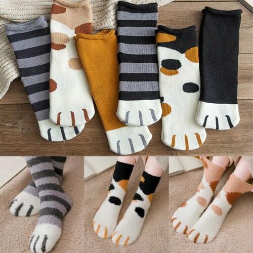 1Pair Womens Winter Warm Socks Cute Kawaii Printed Cat Paw Home Floor Socks Christmas Thicken Coral Fleece Girls Sleeping Socks