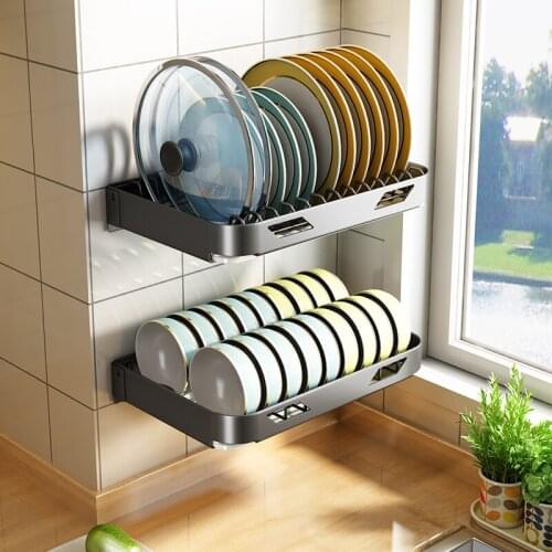 Black Wall Mounted Dish Drying Rack with Drainer Kitchen Hanging Bowls and Plates Organizer Shelf Tableware Tools Container