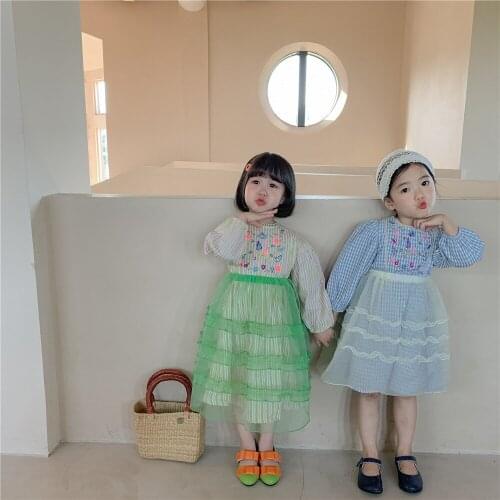 Childrens Girls Dresses Autumn 2021 New Baby Girls Dress Retro Embroidered Mesh Dress Korean Style Baby Plaid Princess Dress