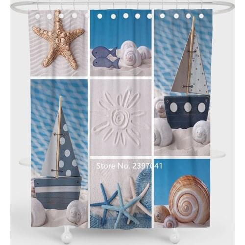 Hot Style Starfish Shell Mosaic Photo Shower Curtain New Geometric Green Plant Waterproof and Mildew with Hook Shower Curtain