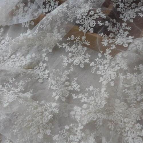1 yard Ivory Lace Fabric, Cotton Embroidered Florals Fabric, Ivory Wedding Dress Lace Fabric