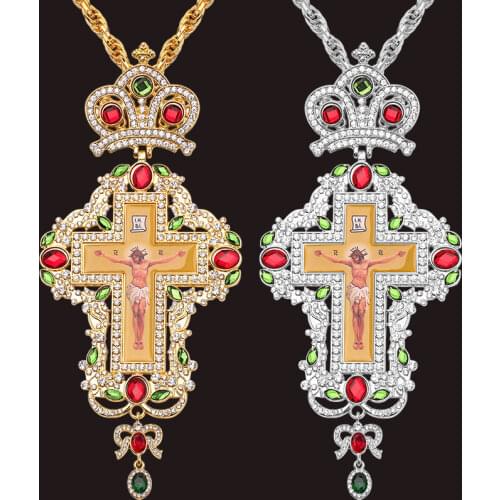 Fashion Hip Hop Bling Rhinestone Pendant Necklace Orthodox Jesus Crucifix Long Necklace Pectoral Cross Big Medal Items