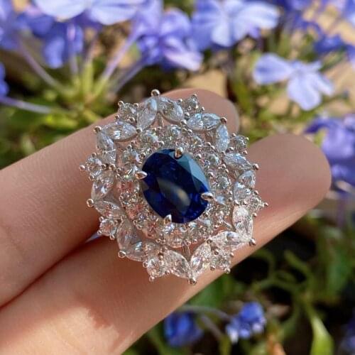 Fashion 925 Sterling Silver Simulated Moissanite Blue Sapphire Ring 2020 Trend Flower Shape For Women Engagement Fine Jewelry