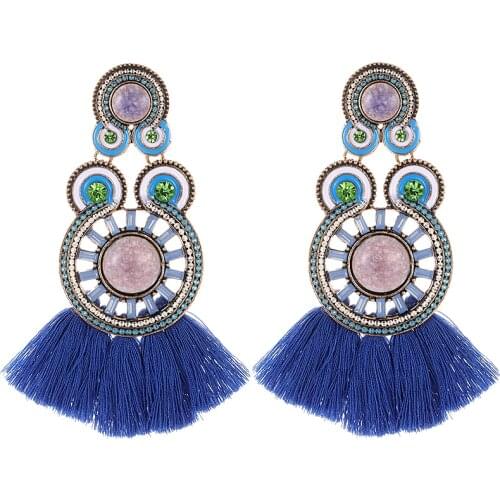 Fashion pink Long Tassel Earrings for Women Bohemian Statement green stone Vintage crystal Dangle Drop Earrings for girl Jewelry