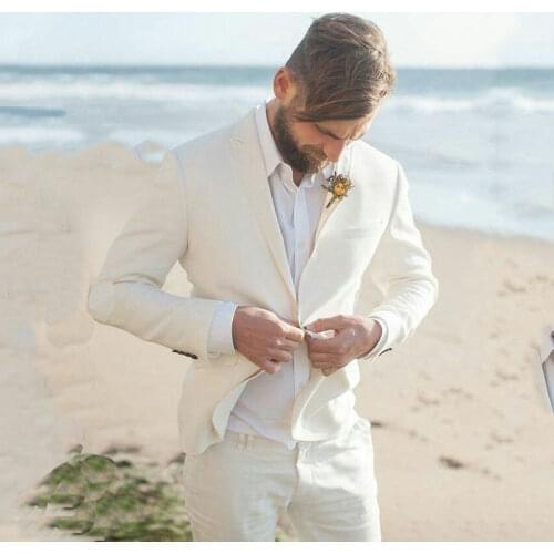 Ivory Linen Men Beach Wedding Suits Groom Wedding Suit Groomsmen Tuxedo Man Blazers Slim Fit Terno Masculino 2 Piece Coat Pants
